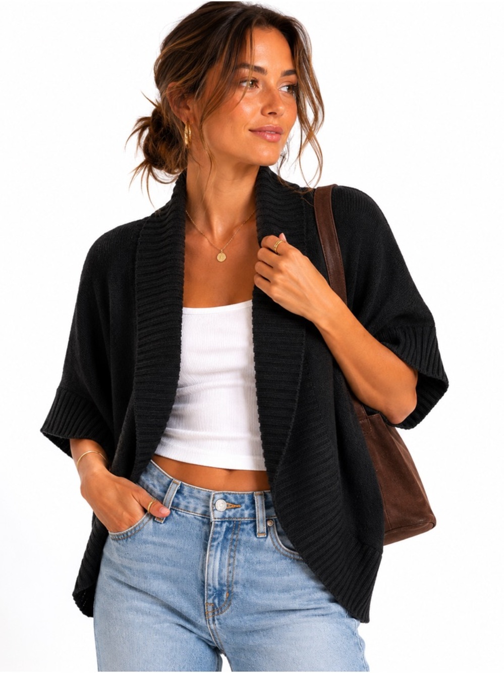 Anthro OAT Black Knit Cardigan XL Wool Blend Minimalist Chiccore Layering